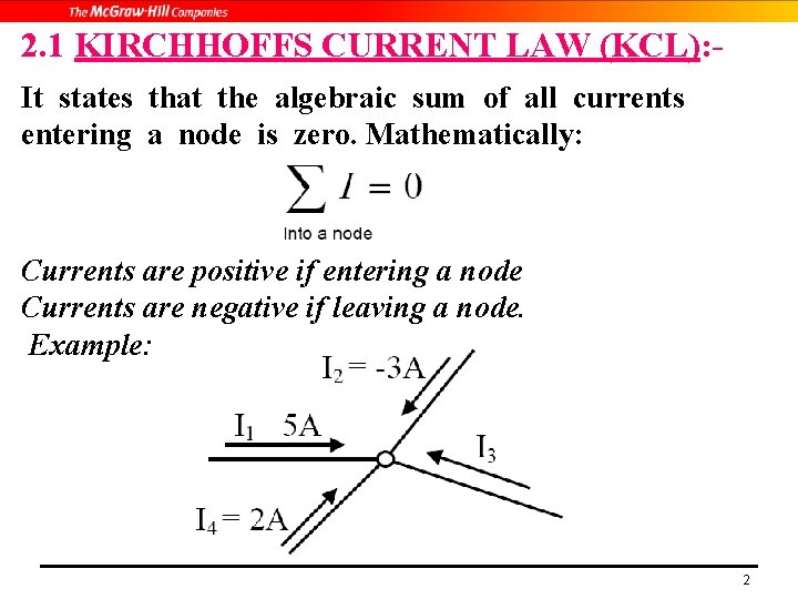 2. 1 KIRCHHOFFS CURRENT LAW (KCL): It states that the algebraic sum of all