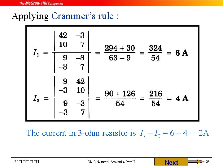 Applying Crammer’s rule : The current in 3 -ohm resistor is I 1 –