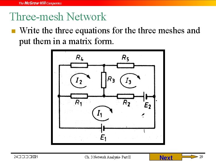 Three-mesh Network n Write three equations for the three meshes and put them in