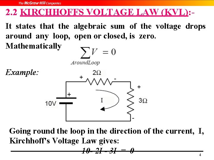 2. 2 KIRCHHOFFS VOLTAGE LAW (KVL): It states that the algebraic sum of the