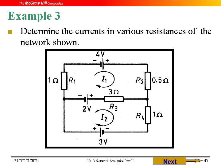 Example 3 n Determine the currents in various resistances of the network shown. 24�����