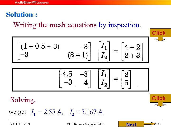 Solution : Writing the mesh equations by inspection, Click Solving, we get I 1