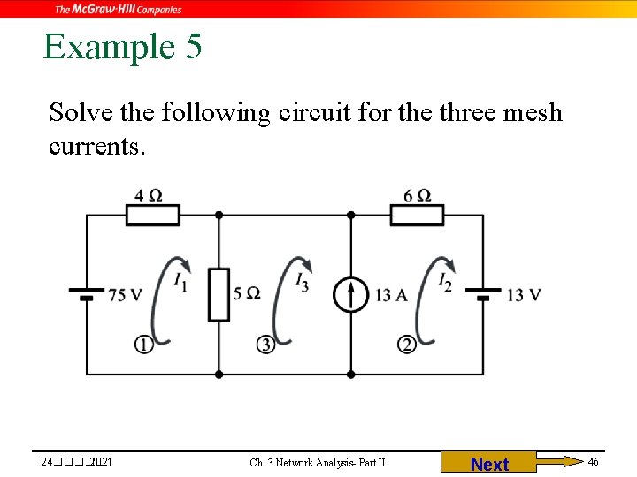 Example 5 Solve the following circuit for the three mesh currents. 24����� 2021 Ch.