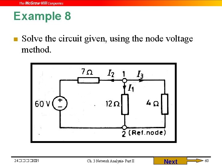 Example 8 n Solve the circuit given, using the node voltage method. 24����� 2021