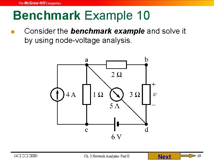Benchmark Example 10 n Consider the benchmark example and solve it by using node-voltage