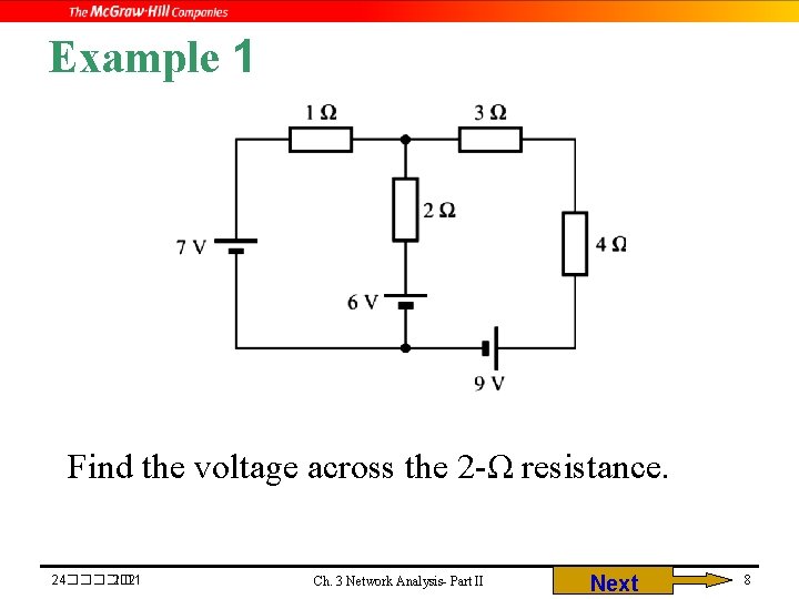 Example 1 Find the voltage across the 2 -Ω resistance. 24����� 2021 Ch. 3