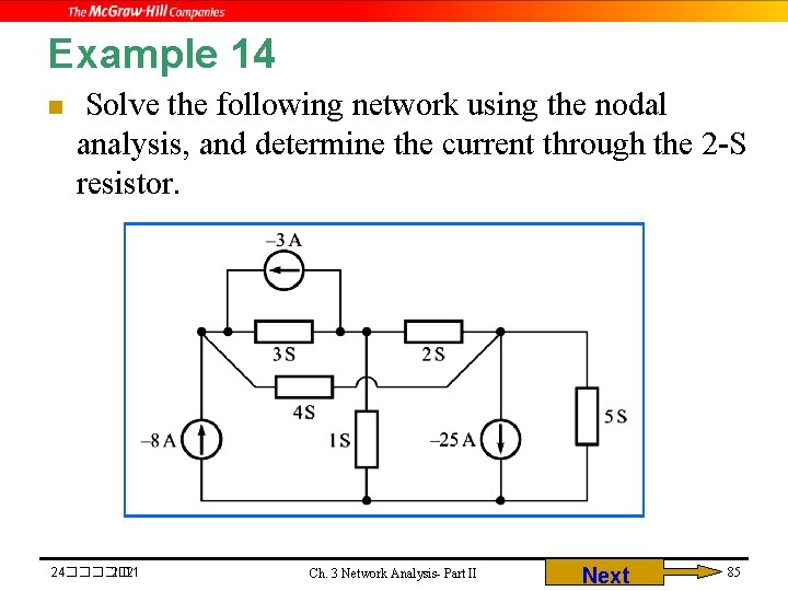 Example 14 n Solve the following network using the nodal analysis, and determine the