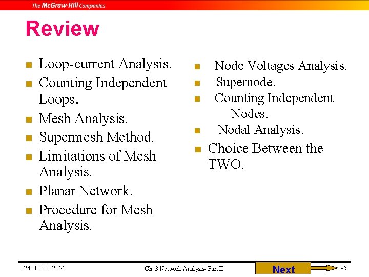 Review n n n n Loop-current Analysis. Counting Independent Loops. Mesh Analysis. Supermesh Method.