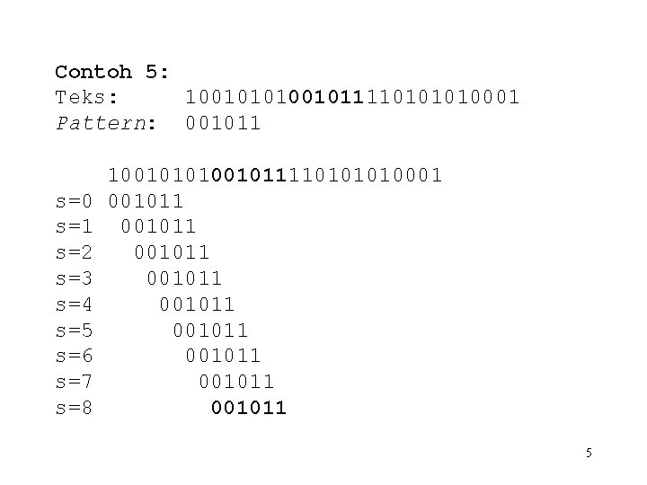 Contoh 5: Teks: 1001010100101111010001 Pattern: 001011 s=0 s=1 s=2 s=3 s=4 s=5 s=6 s=7