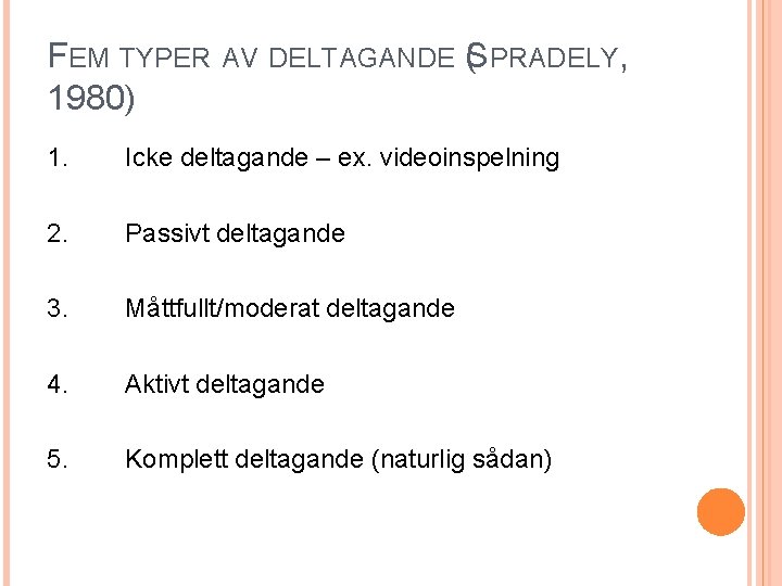 FEM TYPER AV DELTAGANDE (SPRADELY, 1980) 1. Icke deltagande – ex. videoinspelning 2. Passivt