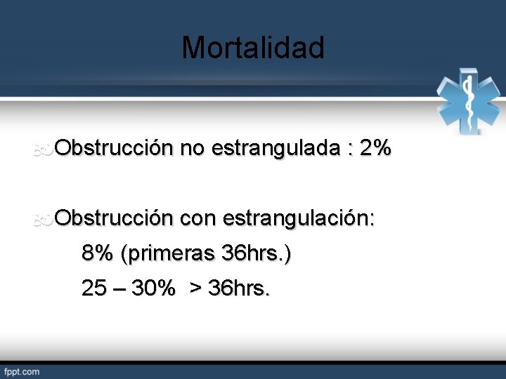Mortalidad Obstrucción no estrangulada : 2% Obstrucción con estrangulación: 8% (primeras 36 hrs. )