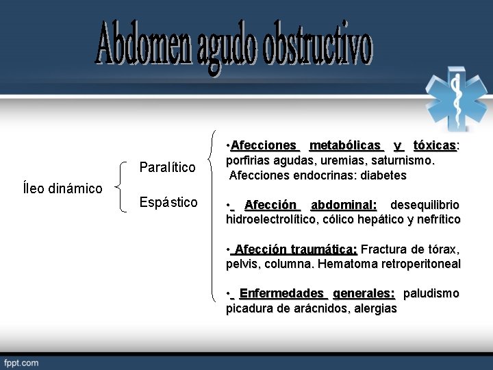 Paralítico Íleo dinámico Espástico • Afecciones metabólicas y tóxicas: porfirias agudas, uremias, saturnismo. Afecciones