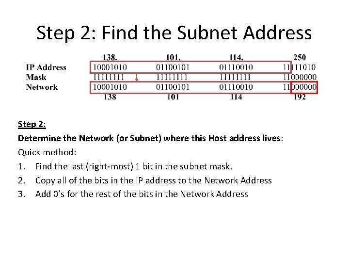 Step 2: Find the Subnet Address Step 2: Determine the Network (or Subnet) where