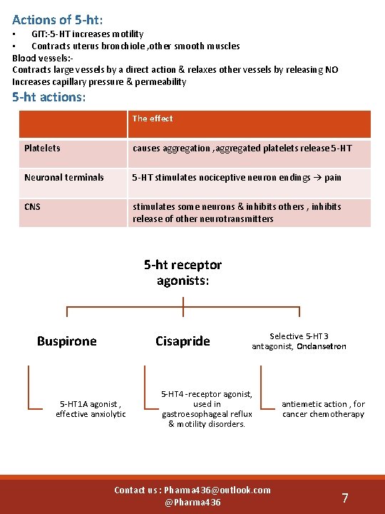 Actions of 5 -ht: • GIT: -5 -HT increases motility • Contracts uterus bronchiole