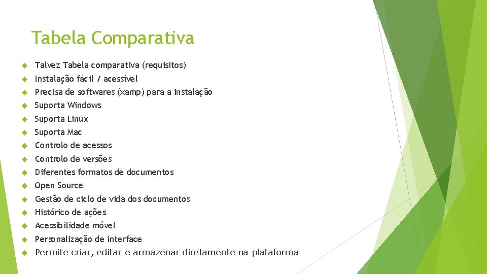 Tabela Comparativa Talvez Tabela comparativa (requisitos) Instalação fácil / acessível Precisa de softwares (xamp)