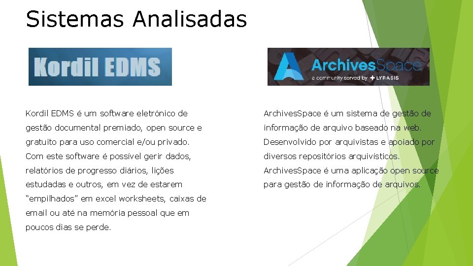 Sistemas Analisadas Kordil EDMS é um software eletrónico de Archives. Space é um sistema