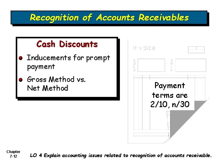 Recognition of Accounts Receivables Cash Discounts Inducements for prompt payment Gross Method vs. Net Recognition of Accounts Receivables Cash Discounts Inducements for prompt payment Gross Method vs. Net