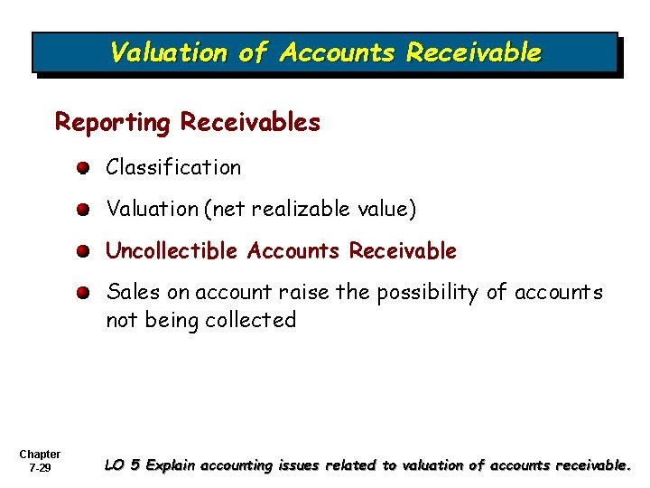Valuation of Accounts Receivable Reporting Receivables Classification Valuation (net realizable value) Uncollectible Accounts Receivable Valuation of Accounts Receivable Reporting Receivables Classification Valuation (net realizable value) Uncollectible Accounts Receivable