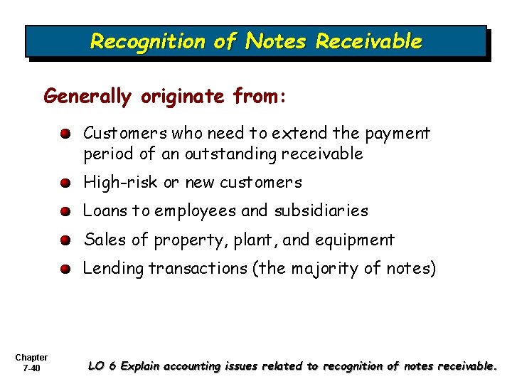 Recognition of Notes Receivable Generally originate from: Customers who need to extend the payment Recognition of Notes Receivable Generally originate from: Customers who need to extend the payment
