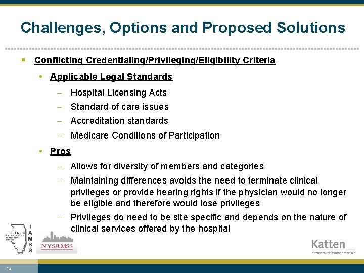 Challenges, Options and Proposed Solutions § Conflicting Credentialing/Privileging/Eligibility Criteria • Applicable Legal Standards -