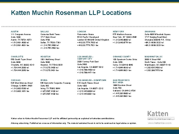 Katten Muchin Rosenman LLP Locations AUSTIN 111 Congress Avenue Suite 1000 Austin, TX 78701