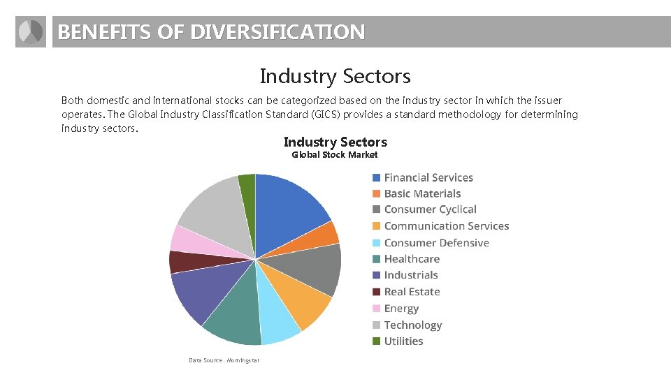 BENEFITS OF DIVERSIFICATION Industry Sectors Both domestic and international stocks can be categorized based