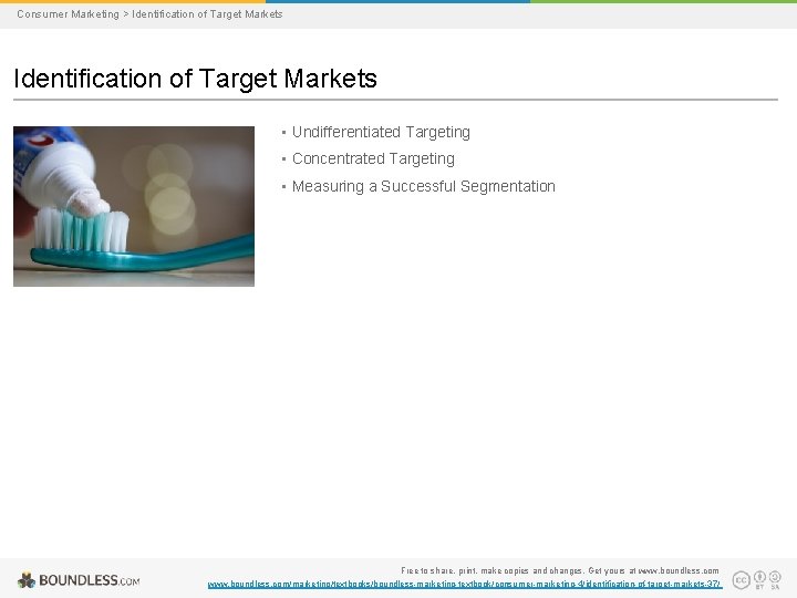 Consumer Marketing > Identification of Target Markets • Undifferentiated Targeting • Concentrated Targeting •