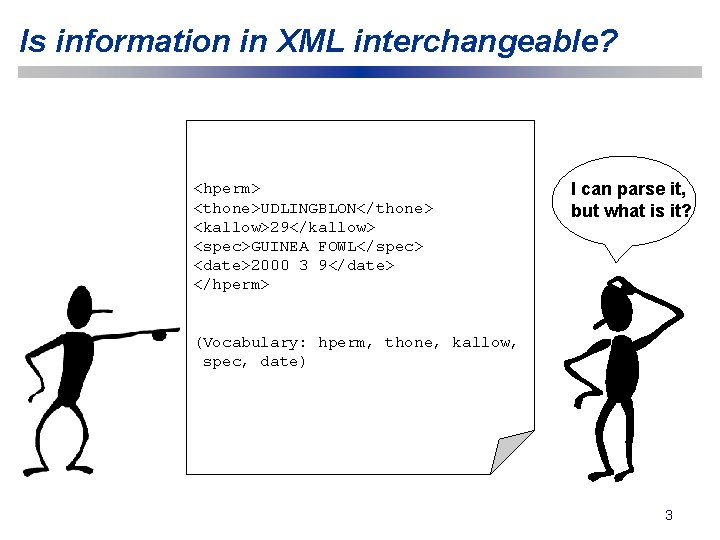 Is information in XML interchangeable? <hperm> <thone>UDLINGBLON</thone> <kallow>29</kallow> <spec>GUINEA FOWL</spec> <date>2000 3 9</date> </hperm>