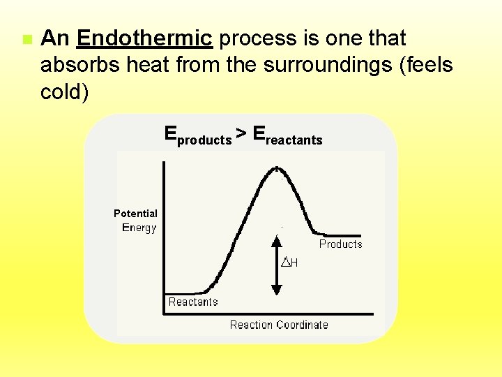 n An Endothermic process is one that absorbs heat from the surroundings (feels cold)