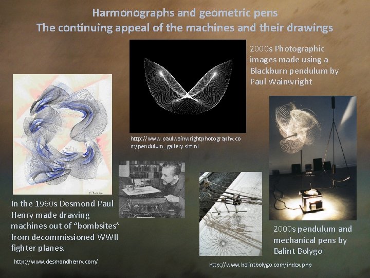 Harmonographs and geometric pens The continuing appeal of the machines and their drawings 2000