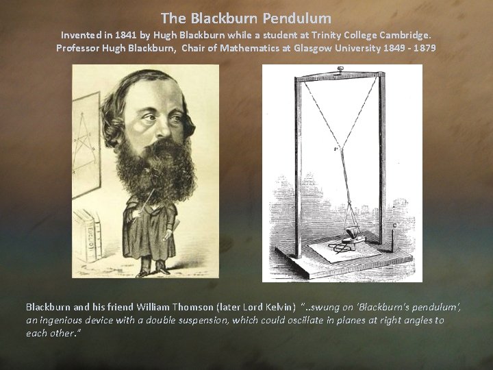 The Blackburn Pendulum Invented in 1841 by Hugh Blackburn while a student at Trinity
