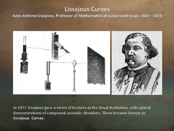 Lissajous Curves Jules Antoine Lissajous, Professor of Mathematics at Lycee Saint-Louis 1847 - 1874