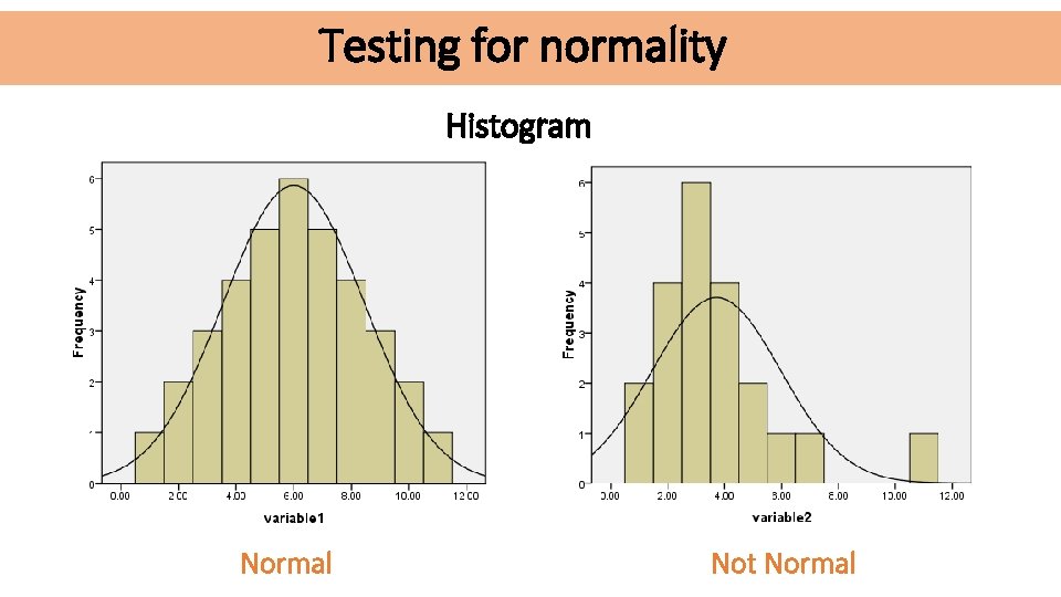 Testing for normality Histogram Normal Not Normal Testing for normality Histogram Normal Not Normal