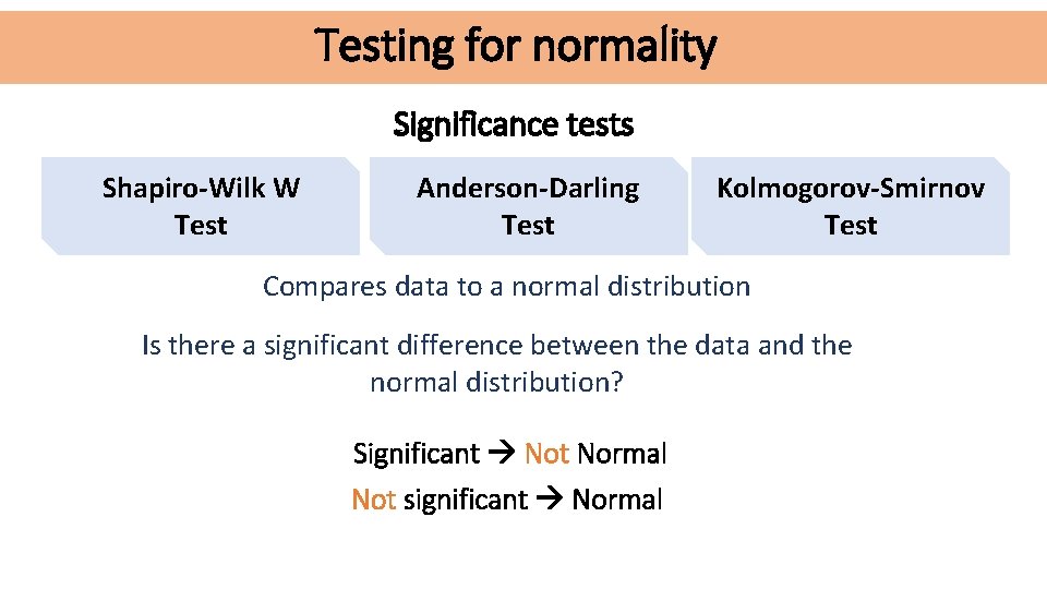 Testing for normality Significance tests Shapiro-Wilk W Test Anderson-Darling Test Kolmogorov-Smirnov Test Compares data