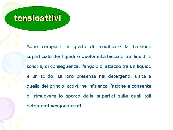 Sono composti in grado di modificare la tensione superficiale dei liquidi o quella interfacciale