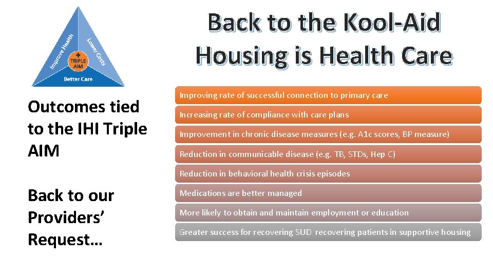 Back to the Kool-Aid Housing is Health Care Outcomes tied to the IHI Triple