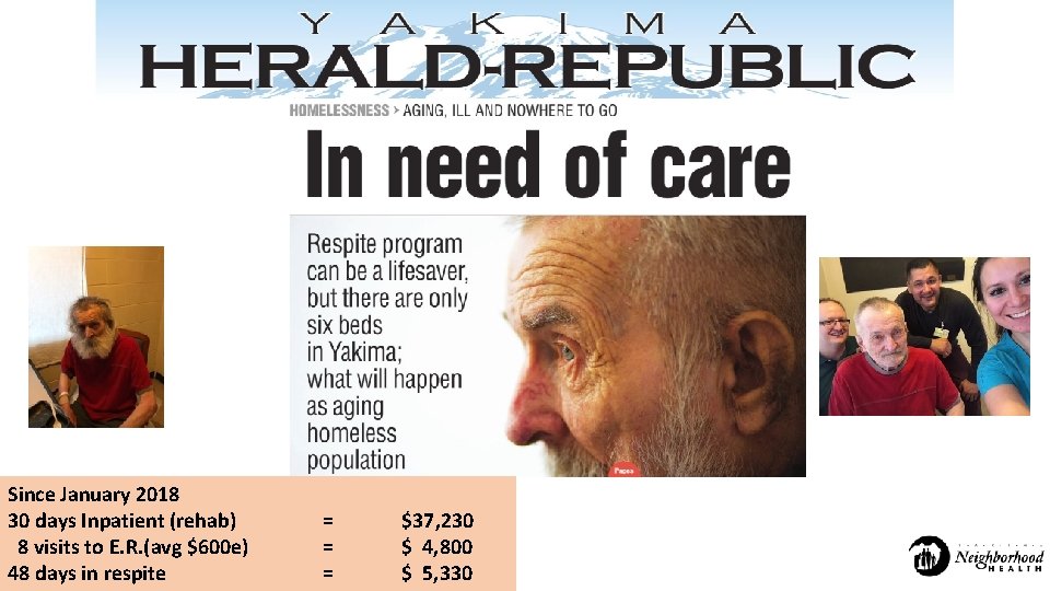 Since January 2018 30 days Inpatient (rehab) 8 visits to E. R. (avg $600