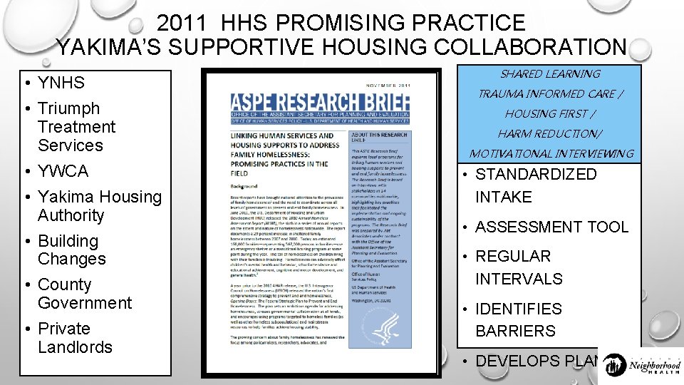 2011 HHS PROMISING PRACTICE YAKIMA’S SUPPORTIVE HOUSING COLLABORATION • YNHS • Triumph Treatment Services