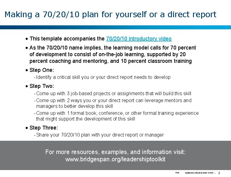 Making a 70/20/10 plan for yourself or a direct report • This template accompanies