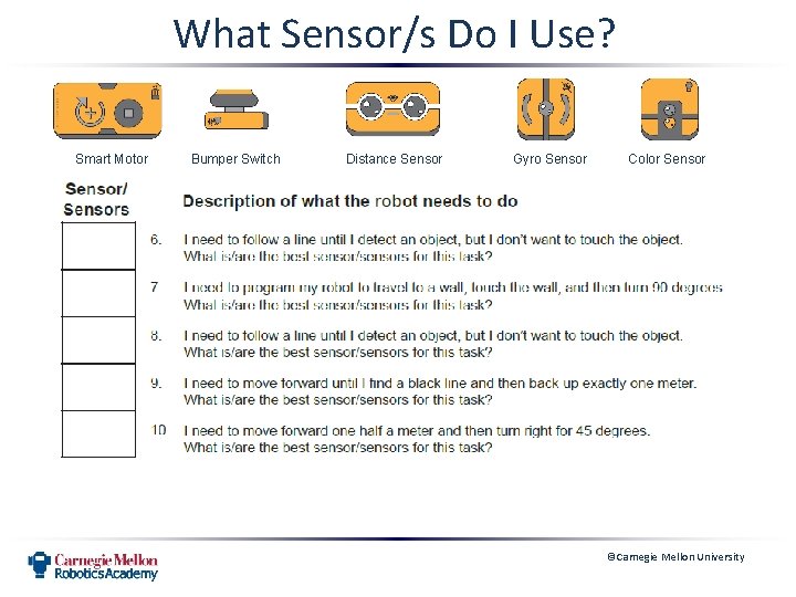 What Sensor/s Do I Use? Smart Motor Bumper Switch Distance Sensor Gyro Sensor Color