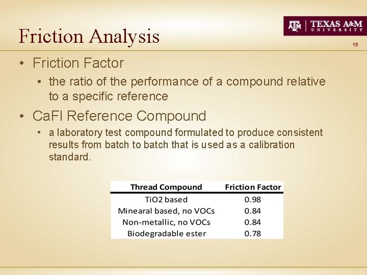 Friction Analysis • Friction Factor • the ratio of the performance of a compound