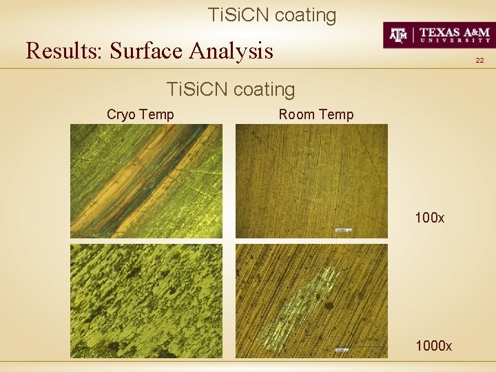 Ti. Si. CN coating Results: Surface Analysis 22 Ti. Si. CN coating Cryo Temp