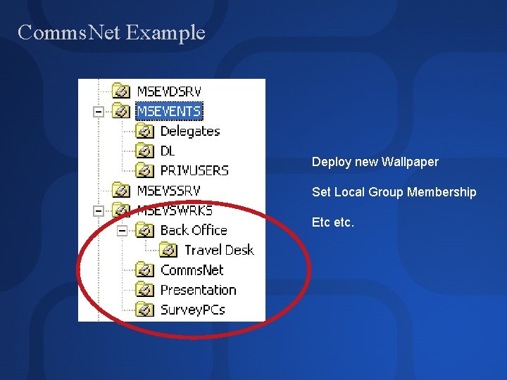 Comms. Net Example Deploy new Wallpaper Set Local Group Membership Etc etc. 