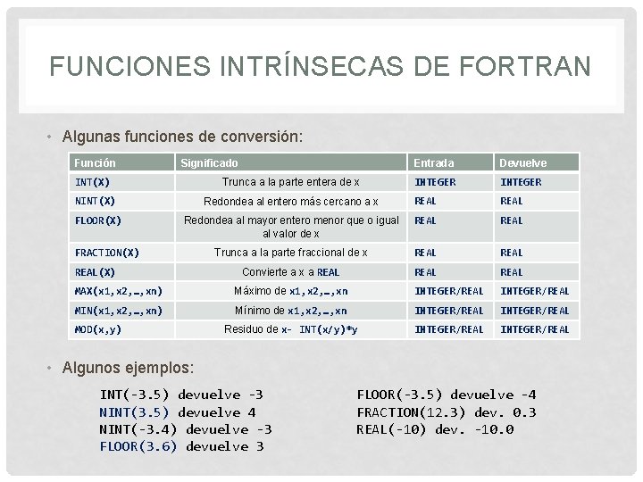 FUNCIONES INTRÍNSECAS DE FORTRAN • Algunas funciones de conversión: Función Significado Entrada Devuelve INTEGER