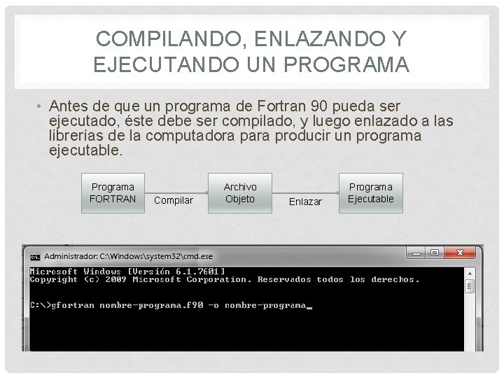 COMPILANDO, ENLAZANDO Y EJECUTANDO UN PROGRAMA • Antes de que un programa de Fortran