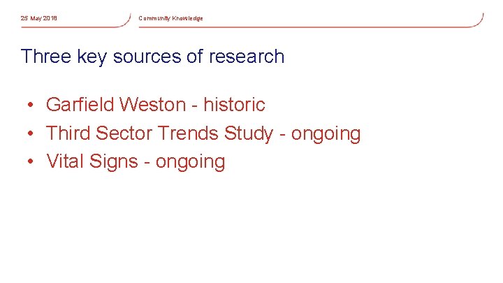 25 May 2018 Community Knowledge Three key sources of research • Garfield Weston -