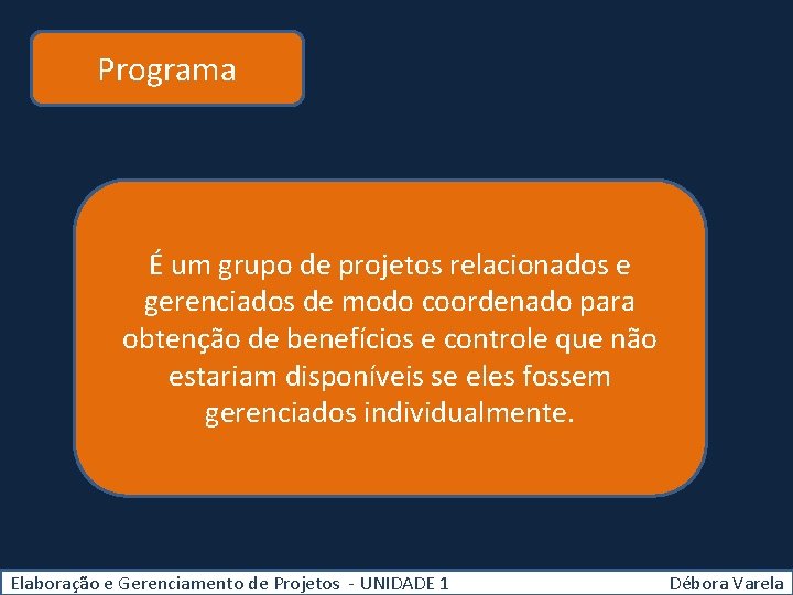 Programa É um grupo de projetos relacionados e gerenciados de modo coordenado para obtenção