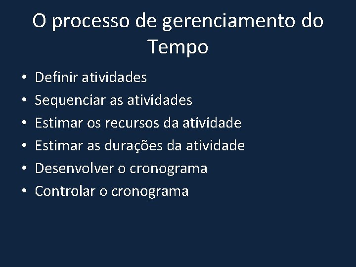 O processo de gerenciamento do Tempo • • • Definir atividades Sequenciar as atividades