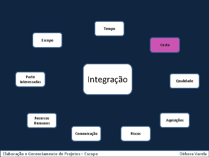 Tempo Escopo Parte Interessadas Custo Integração Qualidade Recursos Humanos Aquisições Comunicação Elaboração e Gerenciamento