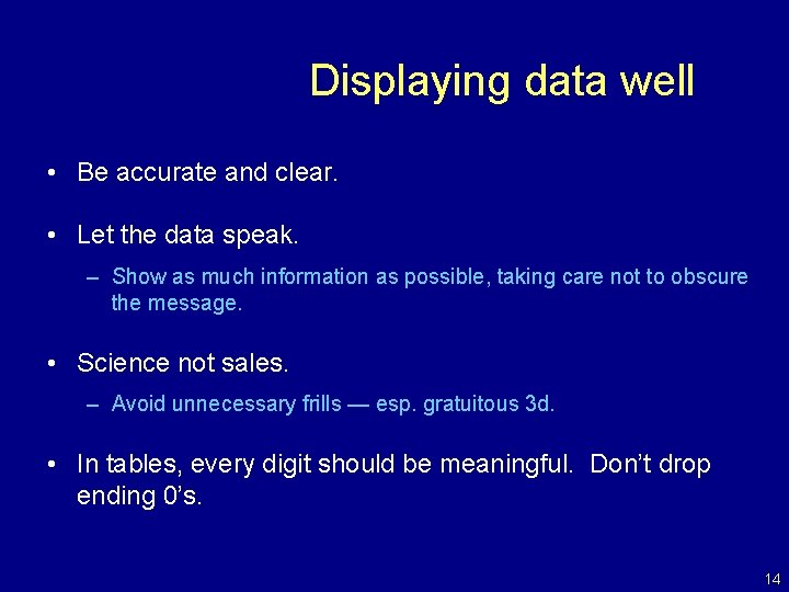 Displaying data well • Be accurate and clear. • Let the data speak. –